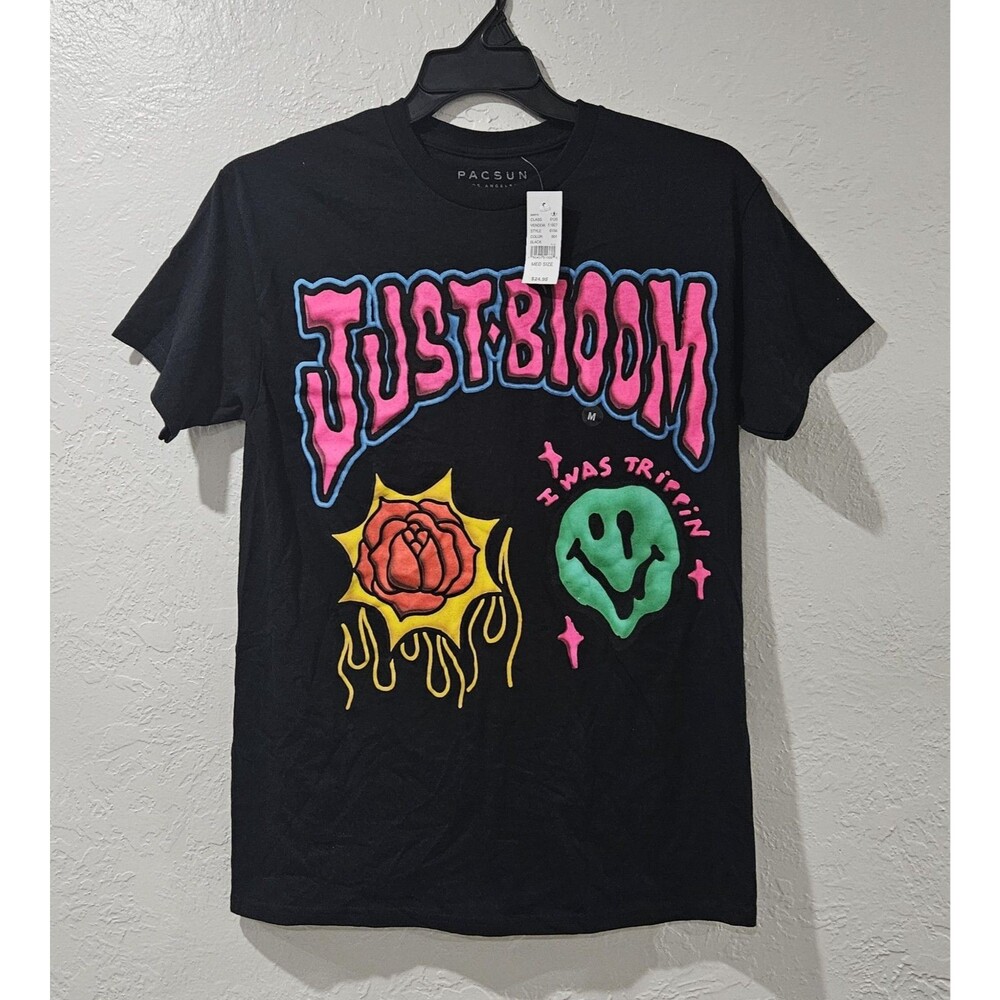 NWT PacSun "Just Bloom" Colorful Black Graphic Cotton Crew Neck T-Shirt Size M